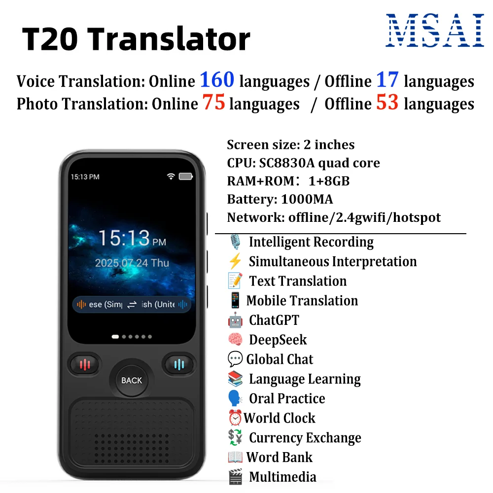 Traductor de Idiomas MSAI T20: Voz y Cámara en Tiempo Real