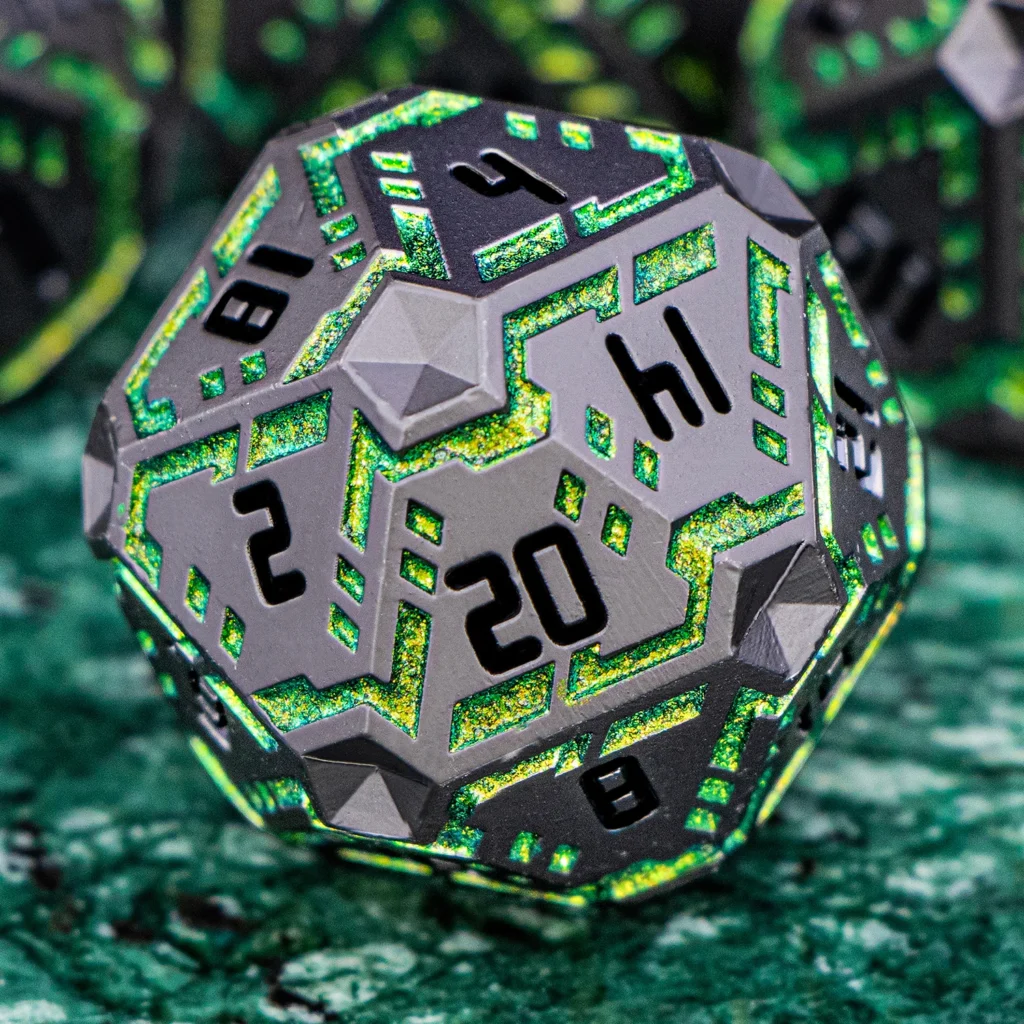 Juego de dados poliédricos metálicos D20 stripe verde