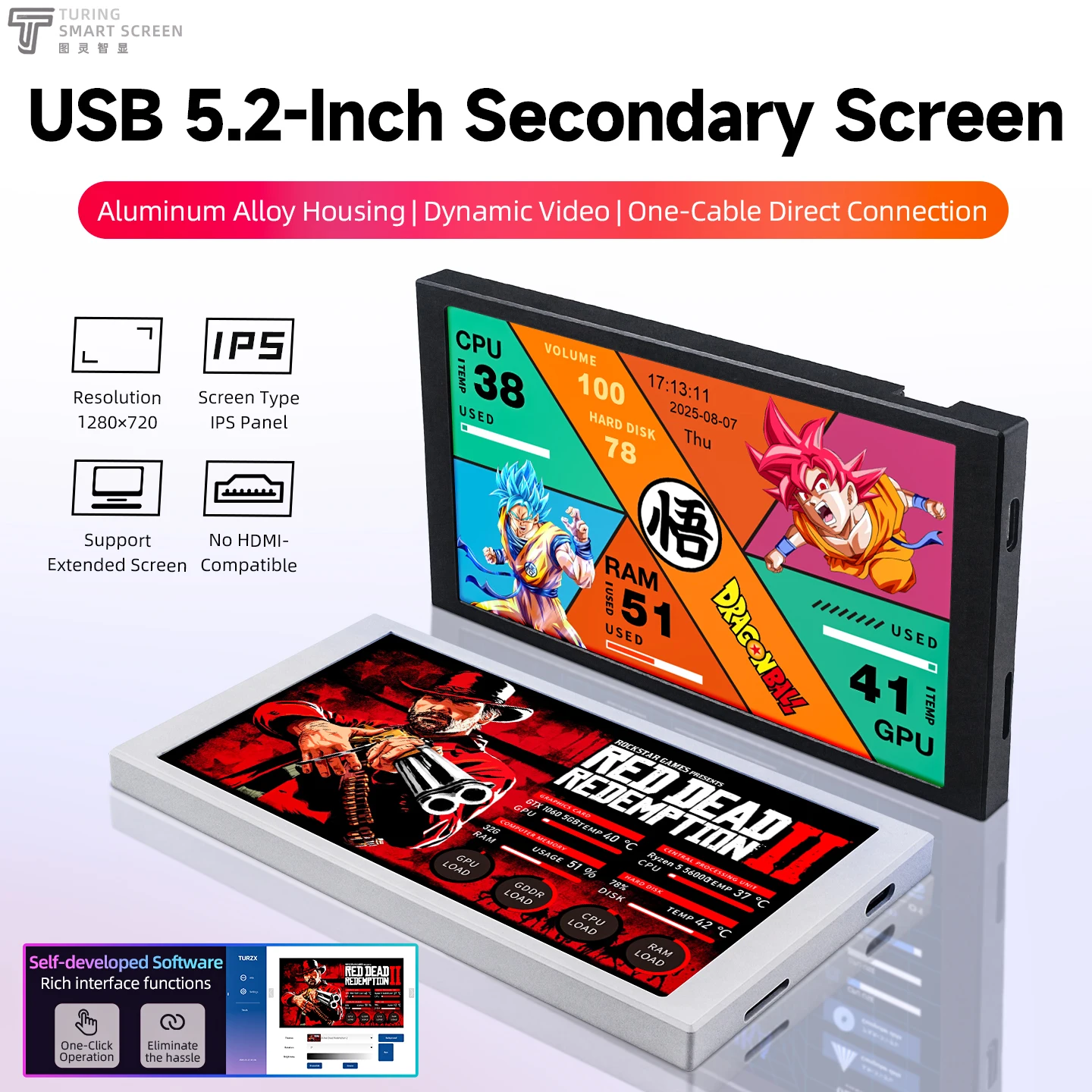 Pantalla secundaria IPS TURZX de 5,2″ para Windows 10/11