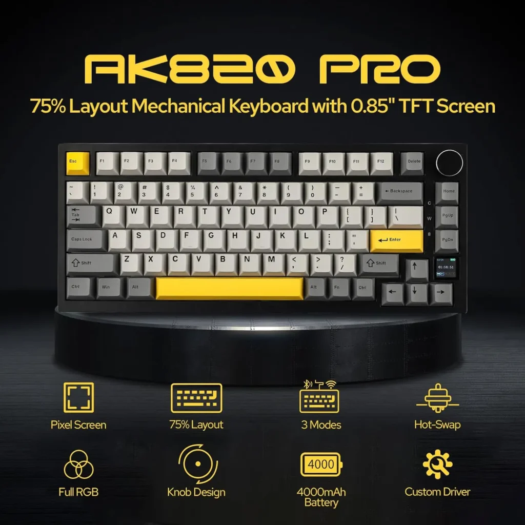 AK820 PRO AJAZZ 0.85TFT Pantalla Teclado mecánico Imagen GlF personalizada 3 modos Hot-Swap