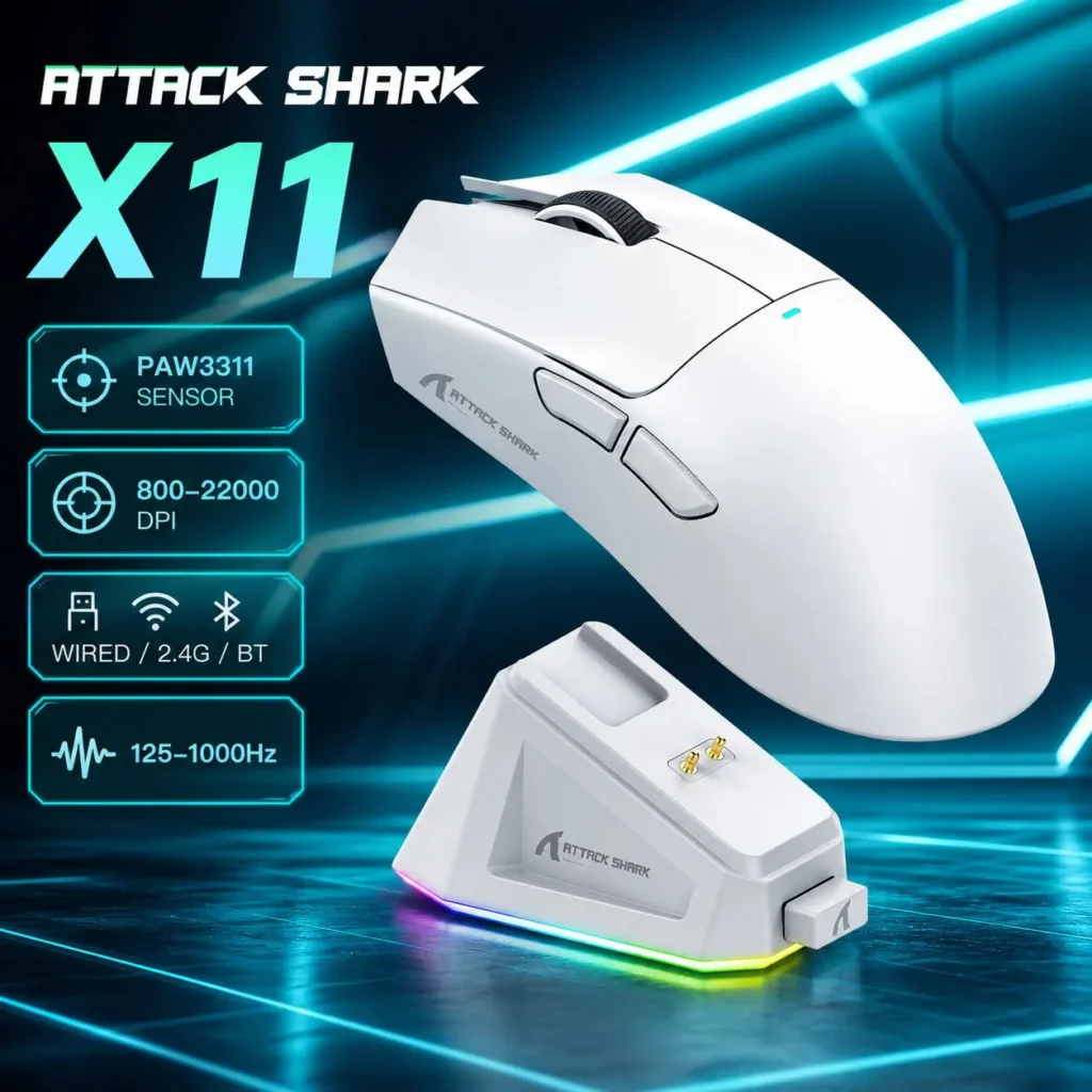 ATTACK SHARK X11 Ratón Gaming Inalámbrico, Tri-Mode, PAW3311, Hasta 1000 Hz, 59±3g