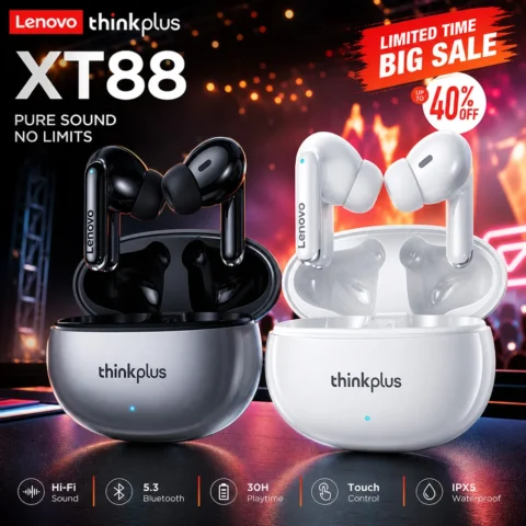 Lenovo XT88, auriculares inalámbricos TWS, Bluetooth 5.3, doble micrófono, sonido estéreo, reducción de ruido, graves potentes, calidad de audio HIFI,