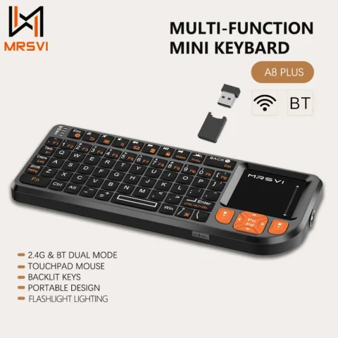 Mini teclado Bluetooth MRSVI A8 PLUS, teclado inalámbrico retroiluminado de 2,4 GHz con panel táctil para Android TV Box, Mac, portátil, Windows