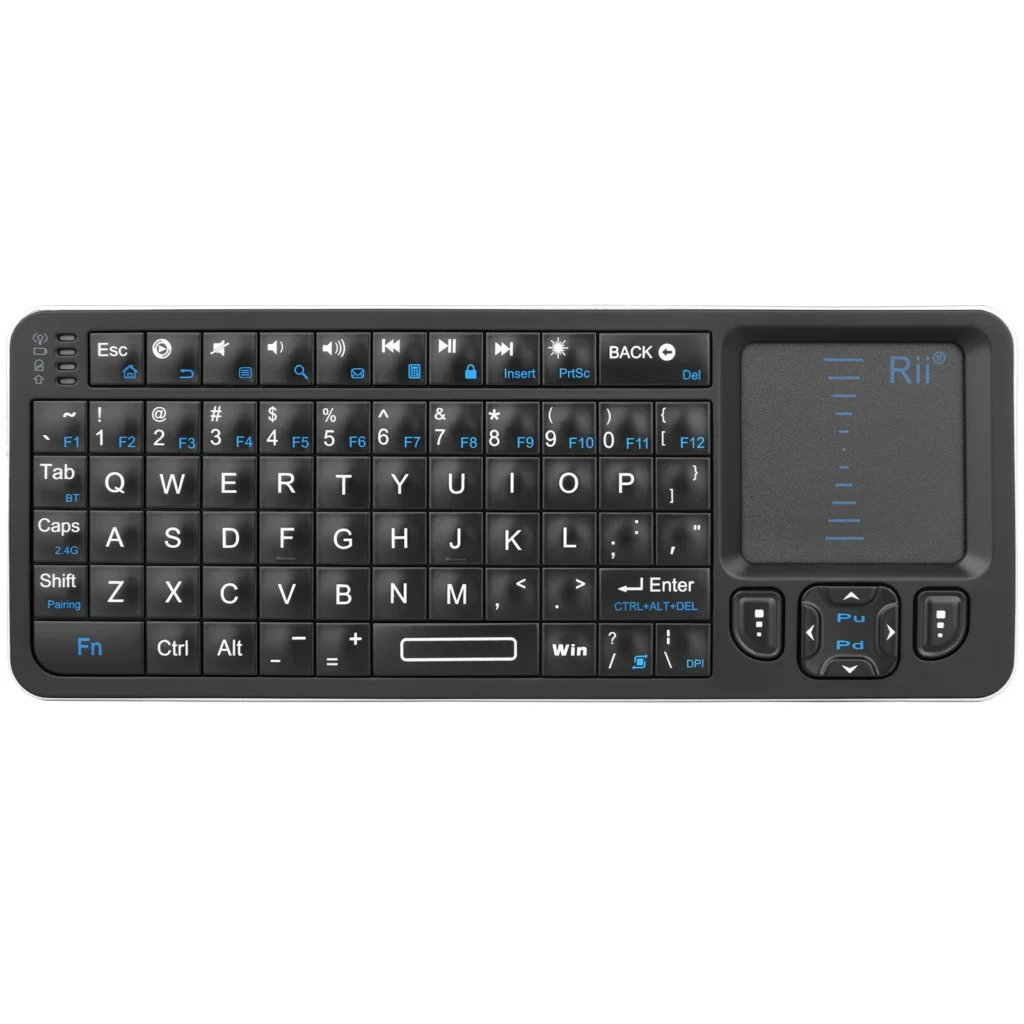 Mini teclado Bluetooth Rii K06, teclado inalámbrico retroiluminado de 2,4 GHz con panel táctil de aprendizaje IR Android TV Box, Mac, computadora port