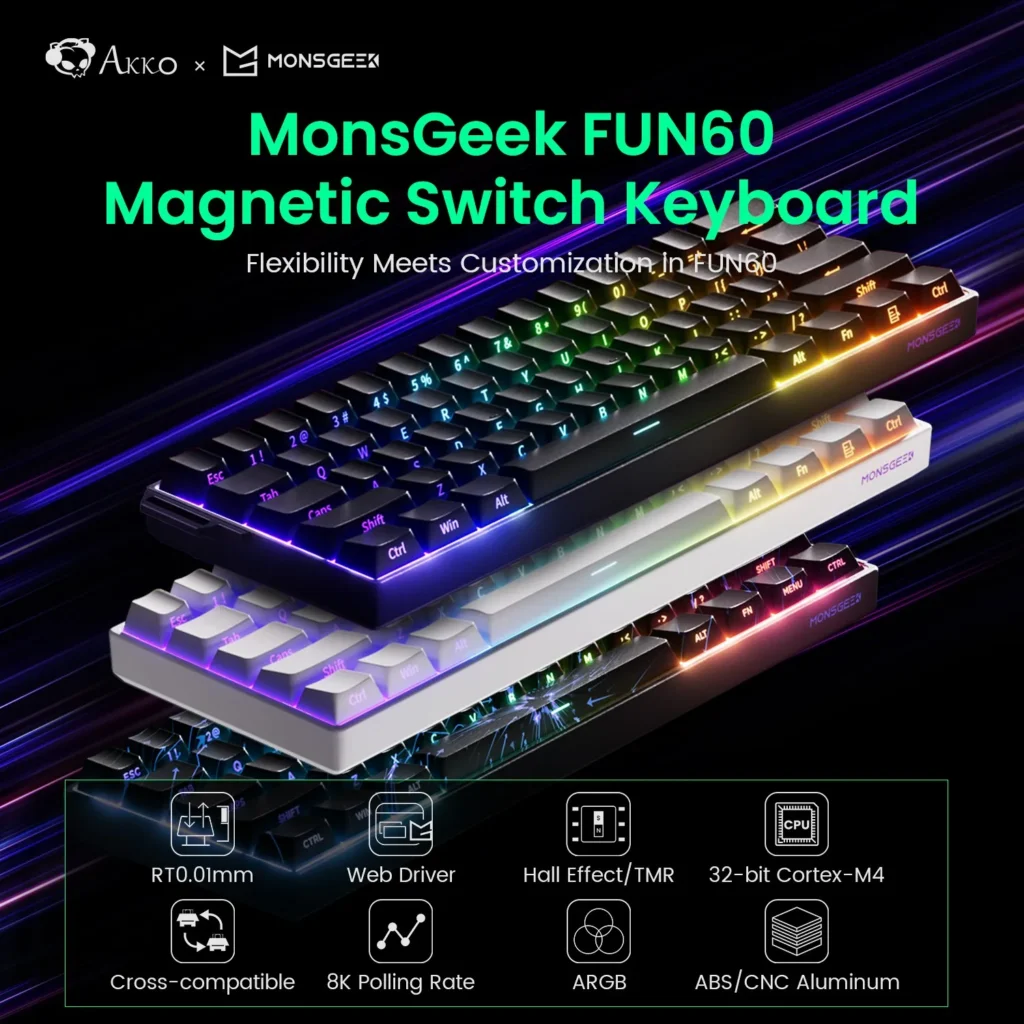 Teclado Mecánico Akko MonsGeek FUN60 PRO HE con Interruptores Magnéticos, Teclado para Juegos al 60%, Respuesta Rápida de 0.01 mm, 8K, Cableado, Perso