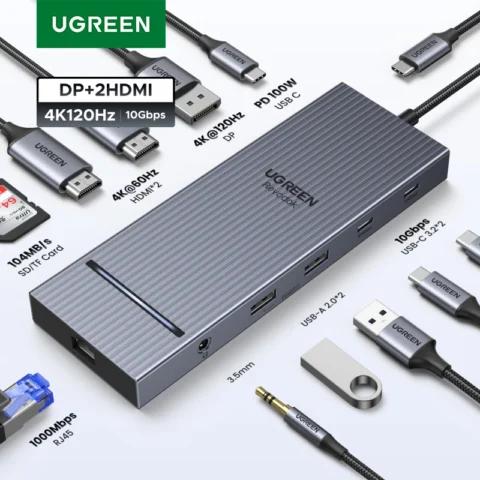 UGREEN HUB USB 12 en 1 Tipo-C a 2HDMI 4K120Hz DP USB3.2 10Gbps SD/TF RJ45 PD100W para Windows, Accesorios para Laptop Dell HP, Base de Conexión