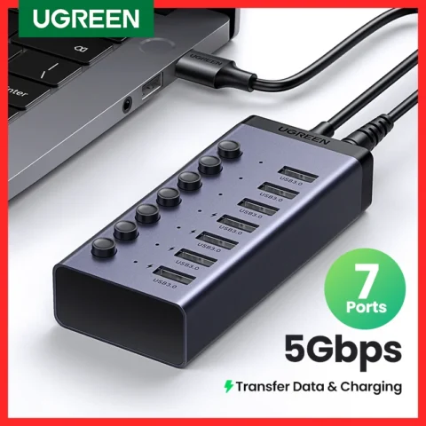 UGREEN USB C Hub Divisor USB3.0 de 7 puertos con interruptor de apagado/encendido individual Indicador LED para computadora de escritorio Extensor de