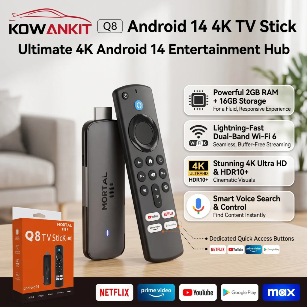 Android 14 TV Stick 2026, Google Voice, 4K Full HD 1080P, WiFi 6, NETFLIX, Youtube, Q8, BT5, Reproductor Multimedia con Decodificación de Video Inalám