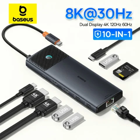 Baseus USB C HUB Dual HDMI 8K 4K adaptador 10-en-1 USB 3,2 10Gbps divisor con RJ45 SD TF tipo C PD 100W para MacBook Pro Air HUB