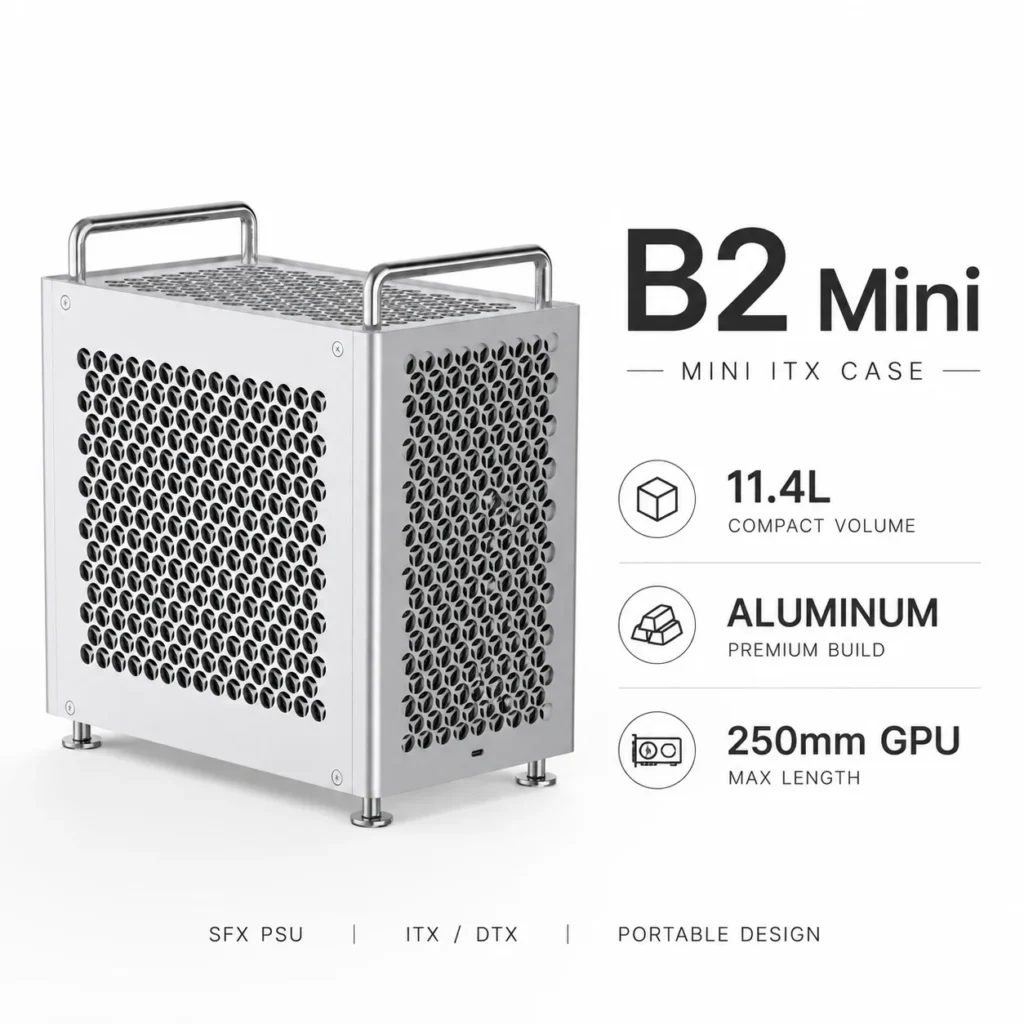 Caja de Ordenador B2 Mini ITX de Aleación de Aluminio, Chasis Pequeño para PC de 11.4L, Portátil con Asa, Compatible con PSU SFX/SFX-L y GPU de 250mm