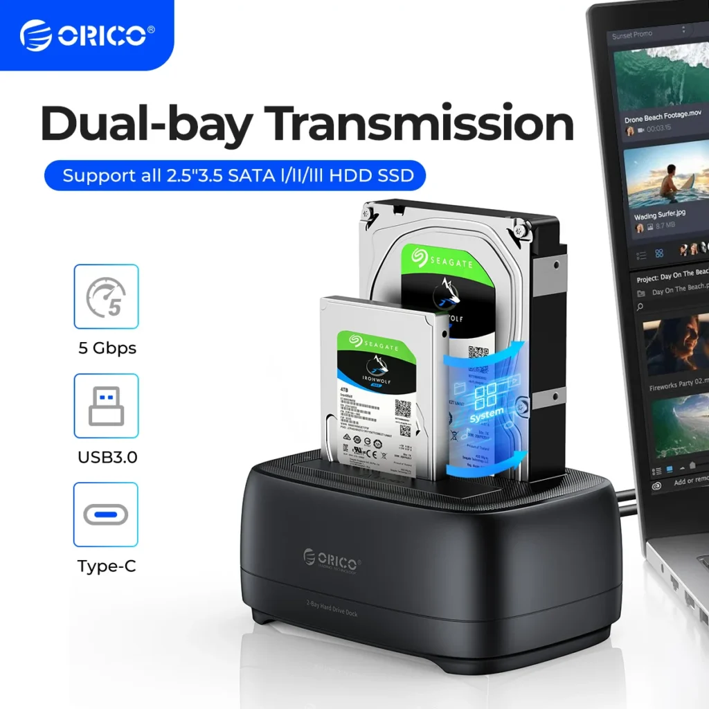 Estación de disco duro ORICO de doble bahía USB3.0 5Gbps tipo C HDD estación de acoplamiento con adaptador de corriente de 12V 3A para HDD/SSD de 2,5/