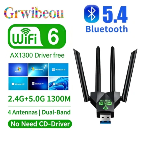 GRWIBEOU Adaptador USB2.0 de 1300Mbps WIFI 6+BT5.4, Banda Dual 2.4G/5Ghz 802.11AX, Receptor Inalámbrico con 4 Antenas, WIFI+Bluetooth+USB, Controlador