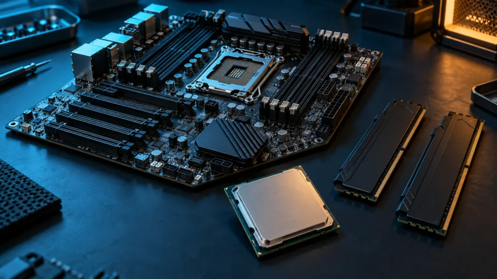 Placa base, procesador Xeon y módulos de memoria dispuestos como un kit.