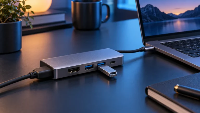 Hub USB-C con conexiones de vídeo, carga y periféricos.