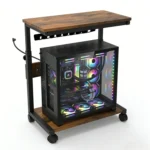 Height Adjustable 2 Tier PC Tower Stand with Power Outlet & USB – Wood & Steel Rolling PC Tower Cart, Mobile CPU Stand, Case Cart, Under Desk Computer