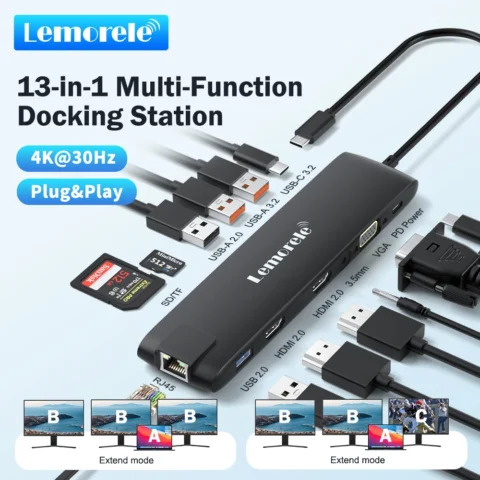 Lemorele 4K USB Hub USB C a doble HDMI VGA Gigabit estación de acoplamiento USB 3,0 VGA adaptador lectores de tarjetas SD para Windows MacBook Air