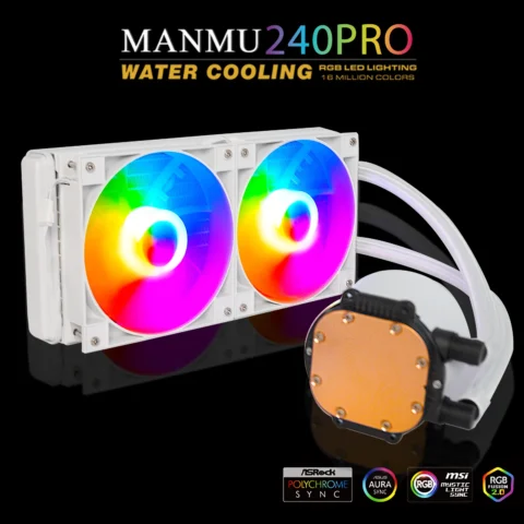 MANMU Enfriador de CPU líquido blanco 240 direccionable RGB y PWM Bomba y ventiladores TDP AIO Enfriador de agua con controlador