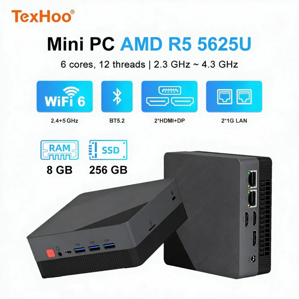 Mini PC Texhoo AMD Ryzen5 5625U 7530U R7-4800H DDR4 16G 2666MHz 512G SSD PCIe3.0 WIFI6 BT5.2 4.3GHz Computadora de Escritorio PC de Oficina