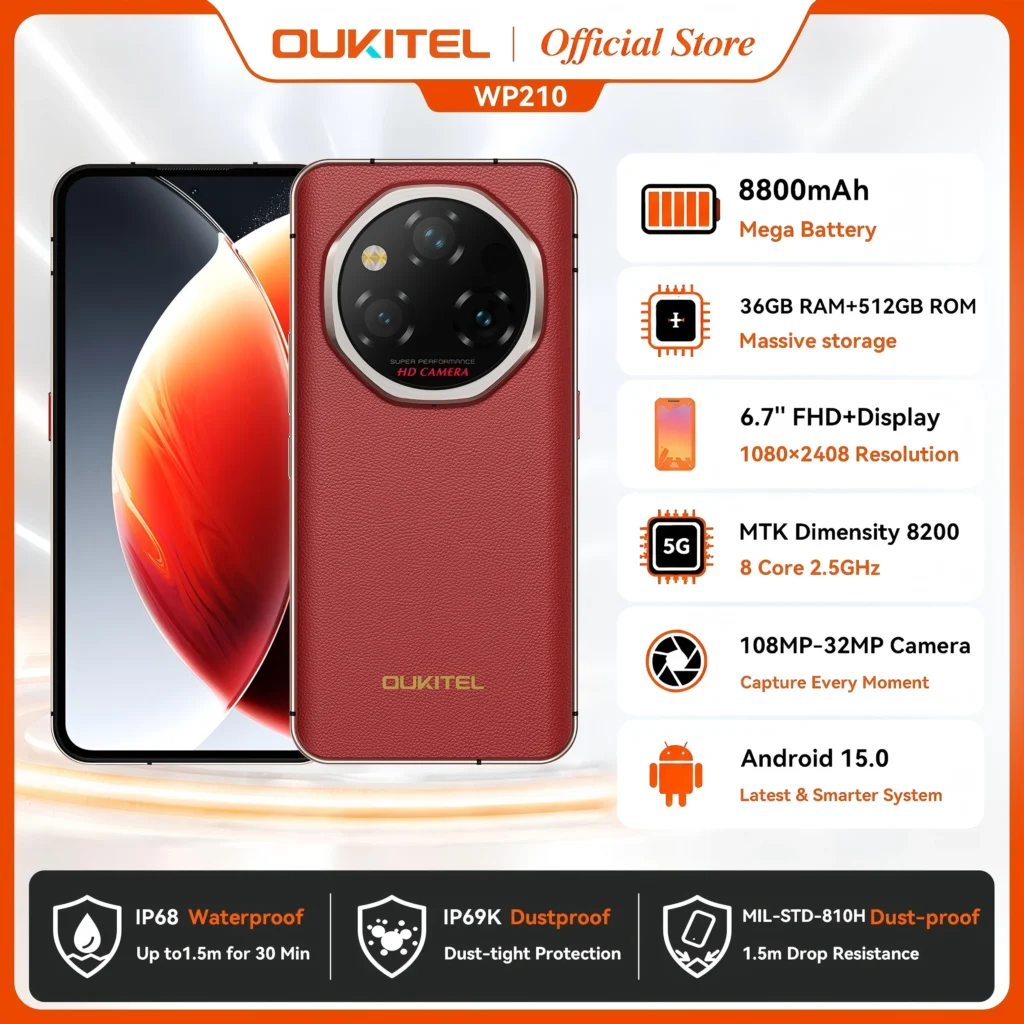 OUKITEL WP210 8800mAh 45W Rugged Phone – MTK 8200, 36GB+512GB, 6.7″ FHD+, NFC, 108MP Camera Android15 5G Smartphone