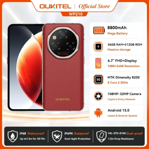 OUKITEL WP210 8800mAh 45W Rugged Phone – MTK 8200, 36GB+512GB, 6.7″ FHD+, NFC, 108MP Camera Android15 5G Smartphone