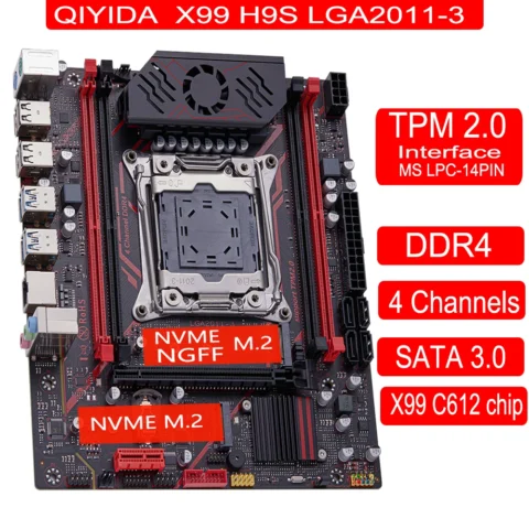 Placa base QIYIDA X99 TPM 2.0Interface LGA 2011 3 con NVME NGFF M.2 compatible con 4 canales X99 C612chip memoria DDR4 SATA3.0 USB3.0