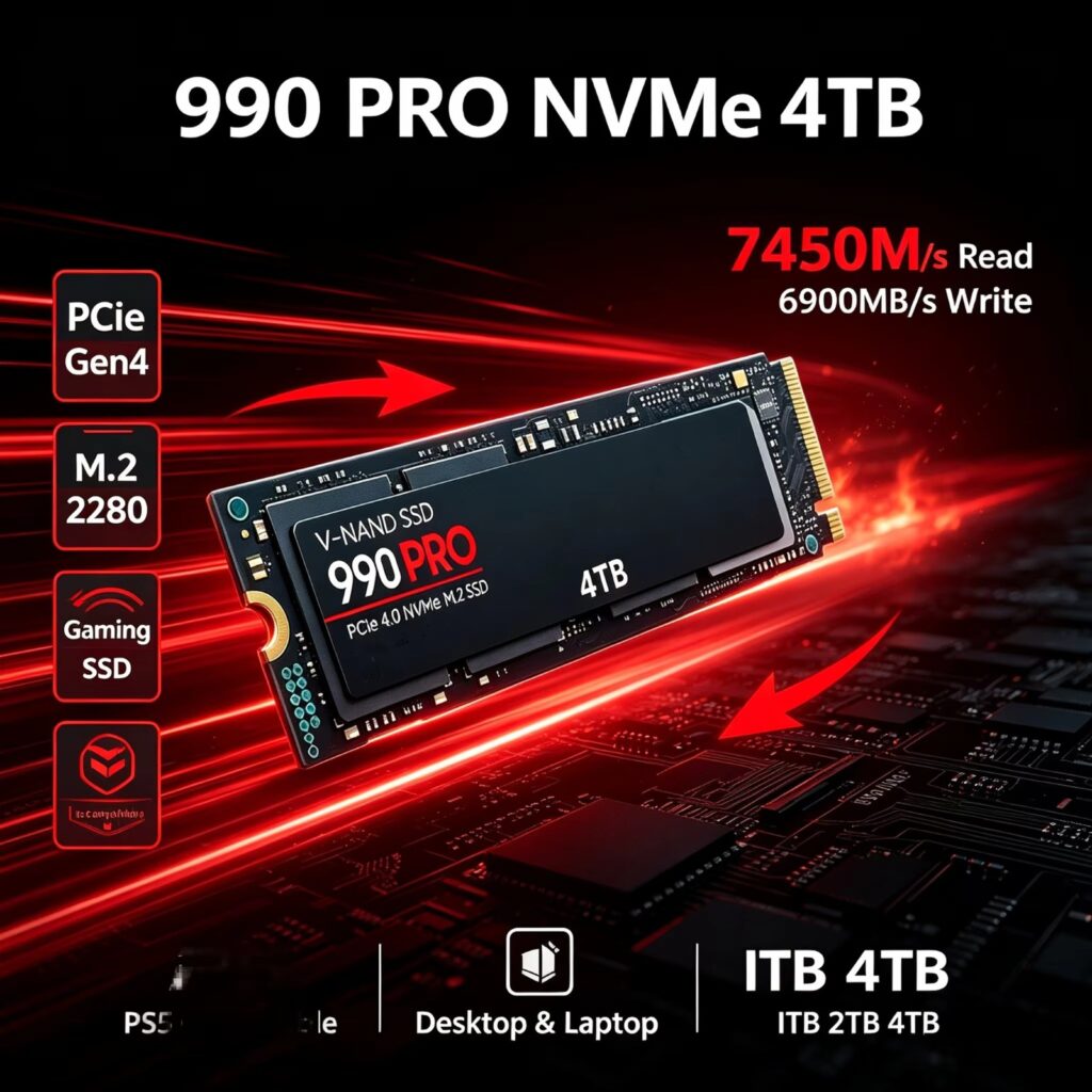 SSD NVMe M.2 990 PRO, PCIe Gen4, hasta 7450 MB/s, 512 GB/1 TB/2 TB/4 TB