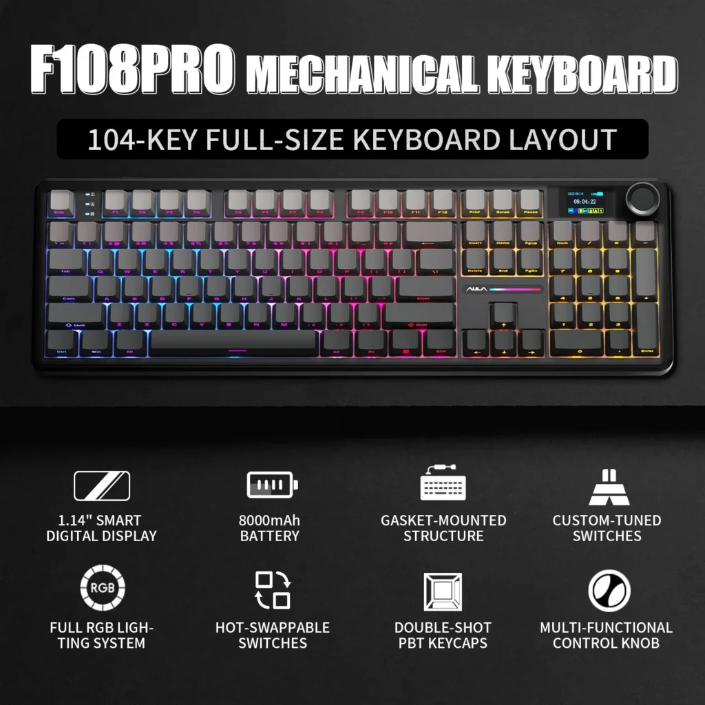 Teclado Mecánico AULA F108 PRO, Diseño Personalizado 100%, Retroiluminación RGB, Inalámbrico Bluetooth, Interruptor Hifi, Teclado para Juegos