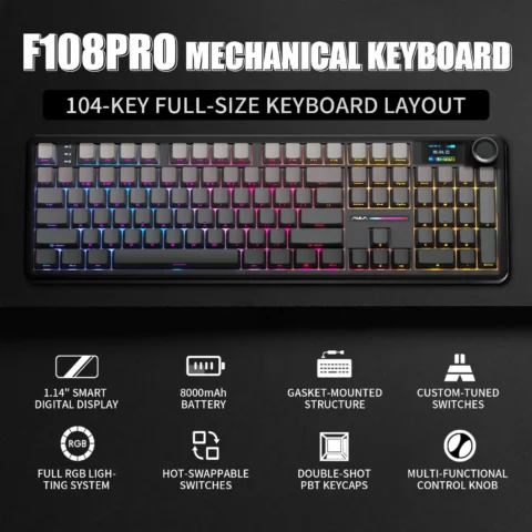 Teclado Mecánico AULA F108 PRO, Diseño Personalizado 100%, Retroiluminación RGB, Inalámbrico Bluetooth, Interruptor Hifi, Teclado para Juegos